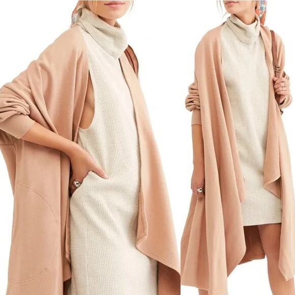 Free People Red Eye Cardigan Oversized Open Front Longline Duster Sweater, Tan - Picture 3 of 15